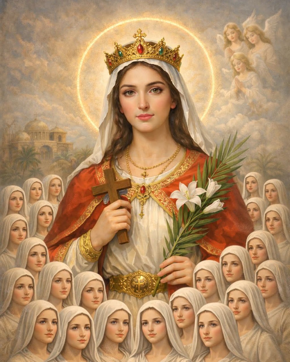 Saint Demiana holding the cross and lily, with the forty virgins